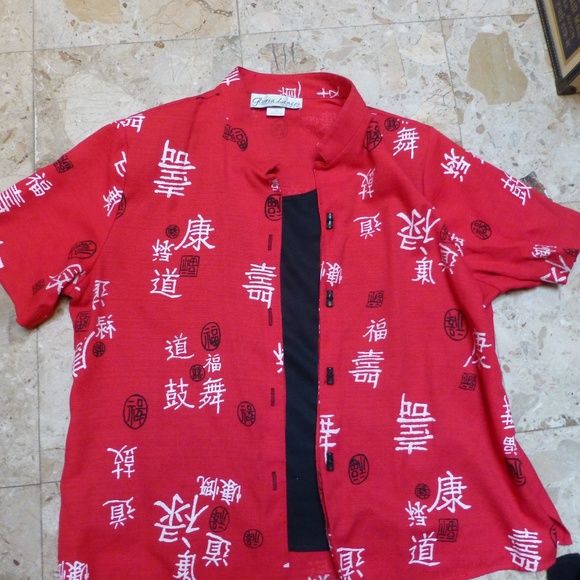 red shirt with black writing